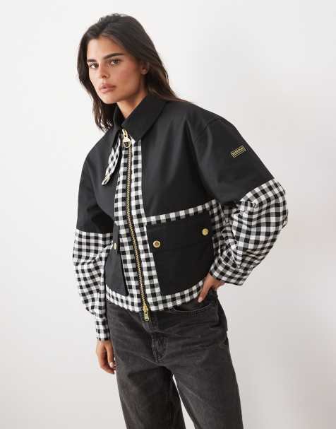 Barbour International Gabriette Check showerproof zip through jacket in black/white - view 1