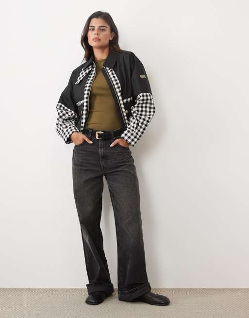 Barbour International Gabriette Check showerproof zip through jacket in black/white, 2 of 4