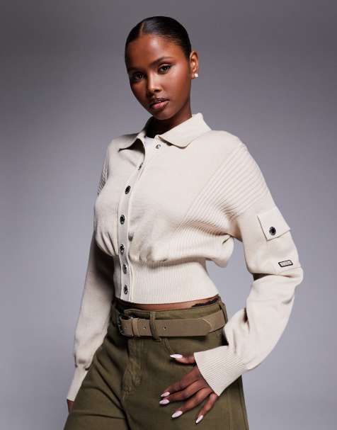 Barbour International Gigi cropped knit bomber cardigan in beige