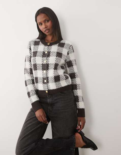 Barbour International Halina karierte Strickjacke in Trüffelbraun/Weiß - view 1