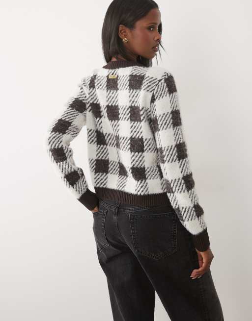 Barbour International Halina karierte Strickjacke in Trüffelbraun/Weiß, 3 von 4