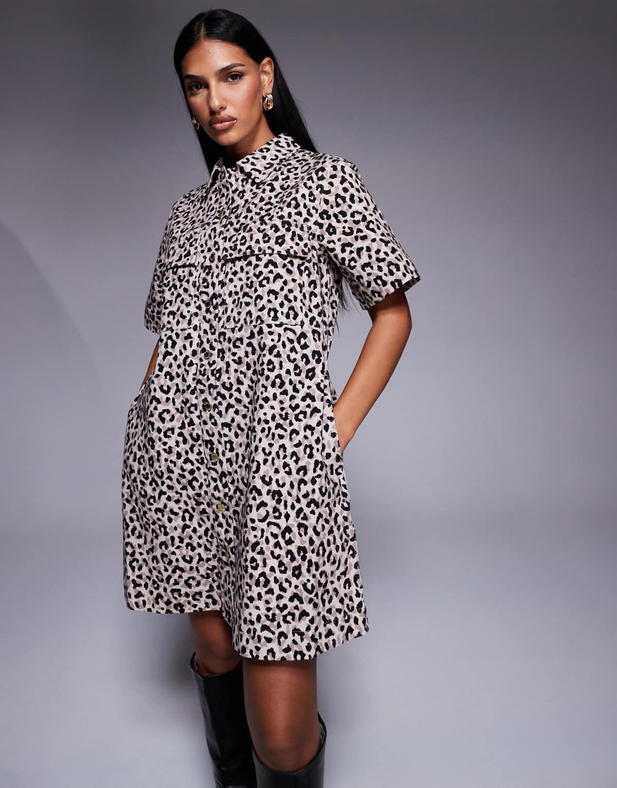 Barbour International Harley denim leopard mini dress in beige - MULTI