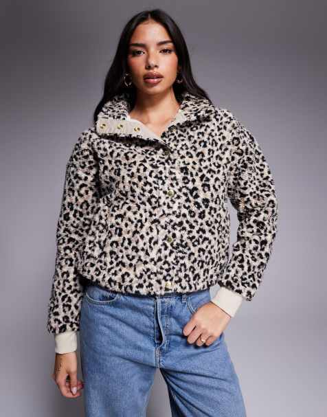 Barbour International Harley leopard fleece jacket in beige & black 