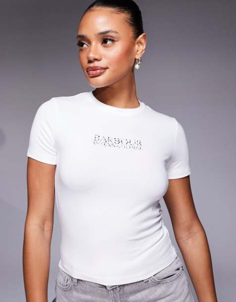 Barbour international – Harley – Schmal geschnittenes T-Shirt in Ecru mit Logo in Leopardenlook - view 1