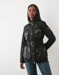 Barbour International Heritage belted wax jacket with PU detail in black
