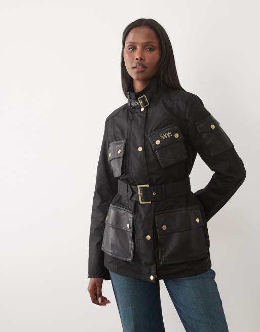Barbour International Heritage belted wax jacket with PU detail in black, 1 of 4