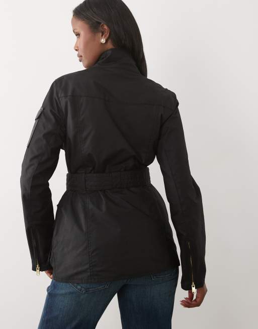 Barbour International Heritage belted wax jacket with PU detail in black, 2 of 4