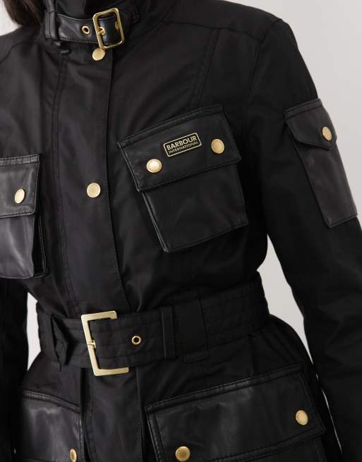 Barbour International Heritage belted wax jacket with PU detail in black, 3 of 4