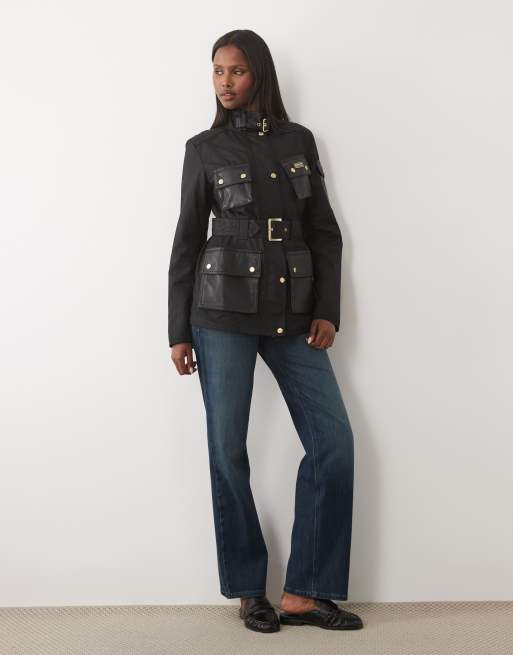 Barbour International Heritage belted wax jacket with PU detail in black, 4 of 4