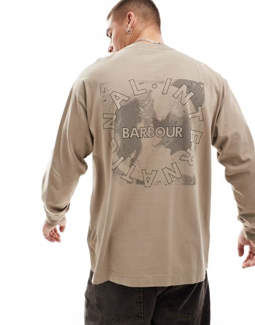 Barbour International – Jasnobrązowy T-shirt z długimi rękawami i nadrukiem z motywem mapy