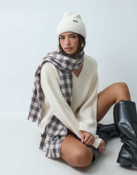Barbour International Kemora knitted beanie and tartan check scarf gift set in truffle brown - view 1