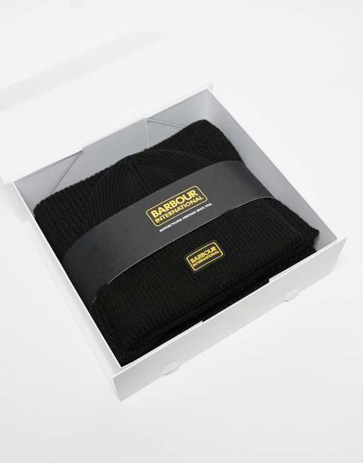 Barbour International Legacy beanie & scarf gift set in black, 2 of 3