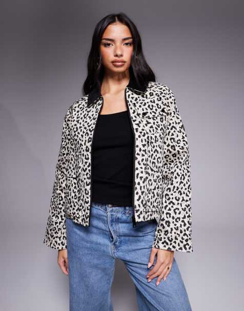 Barbour International leopard zip thru jacket with contrast cord collar in beige  - view 1