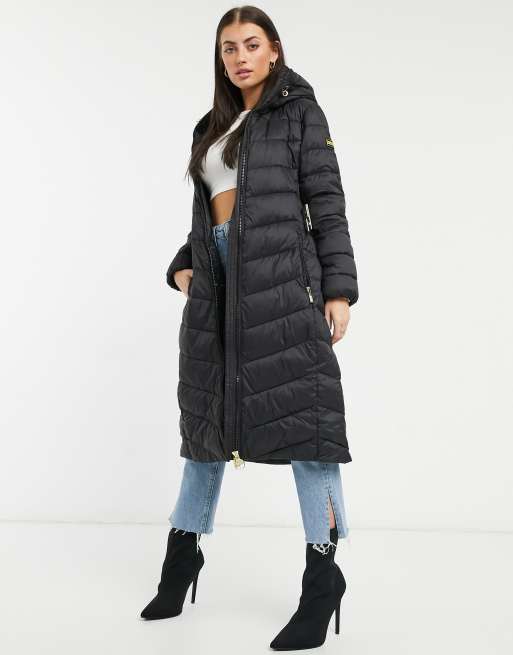 Barbour International long quilted coat with hood in black