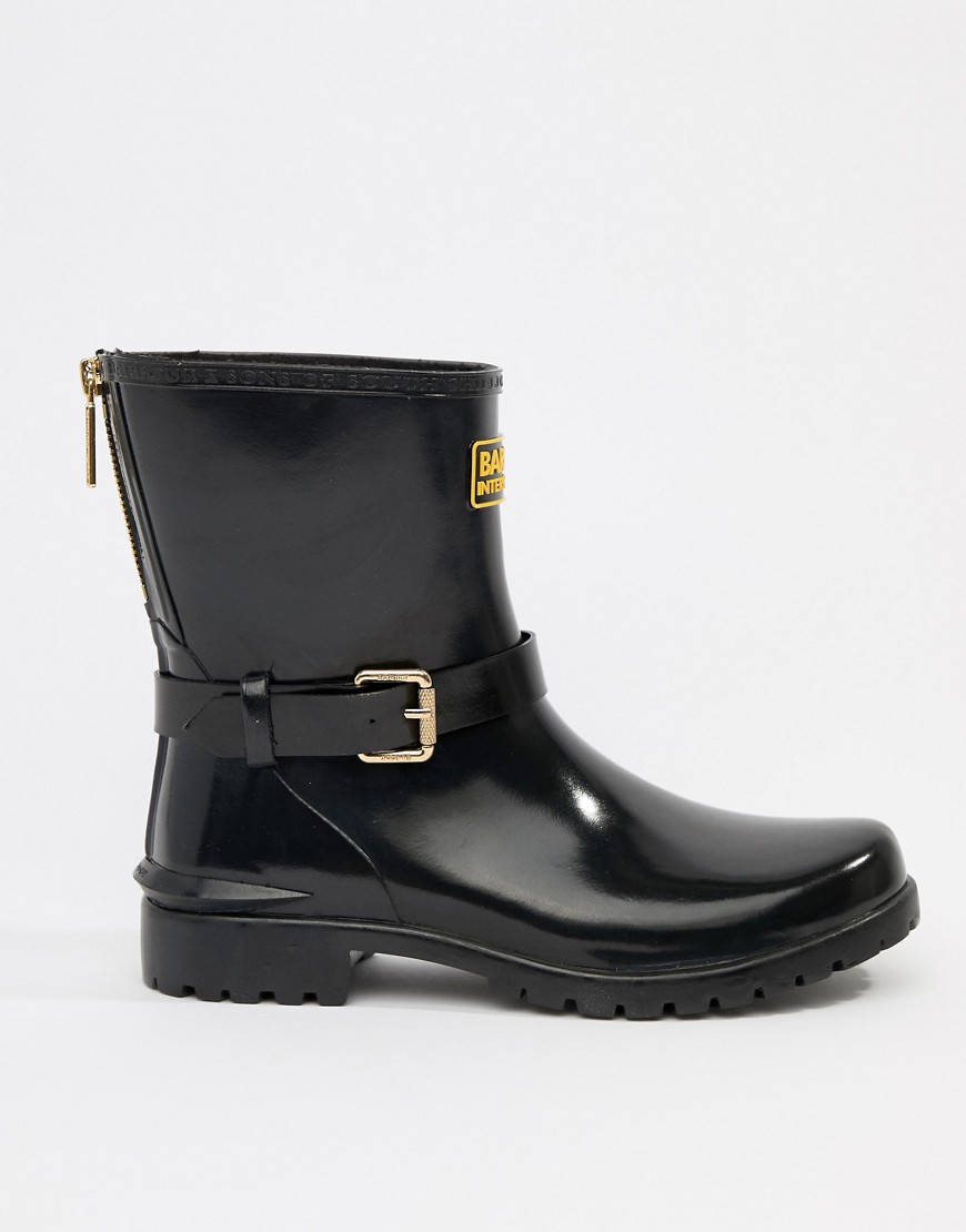 Barbour international low shiny biker wellington boots with buckle and zip detail-Black