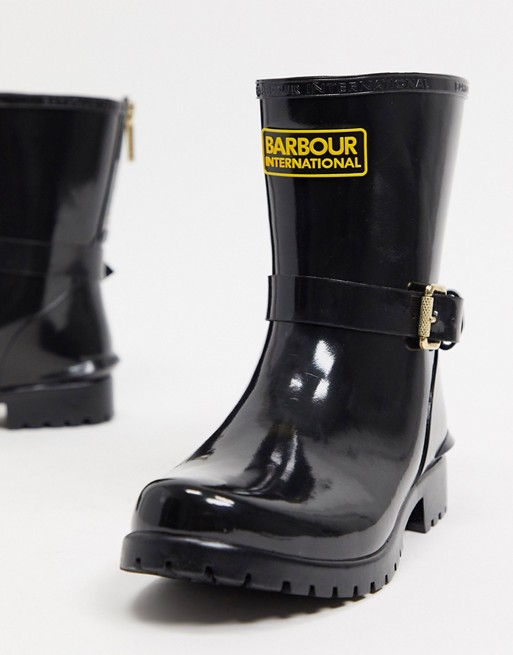 Barbour international low shiny biker wellington boots with buckle and zip detail
