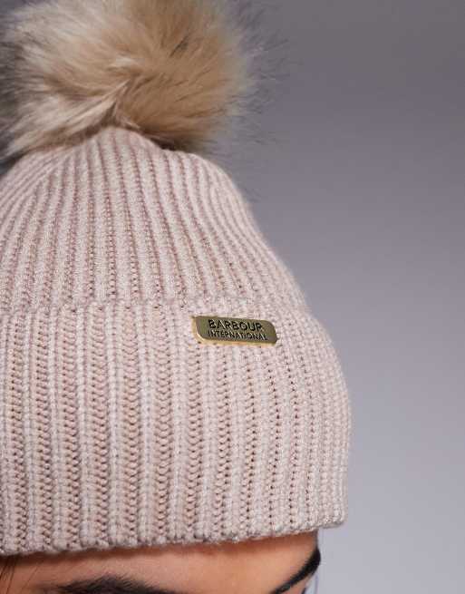 Barbour International Mallory pom beanie hat in oat , 2 of 3