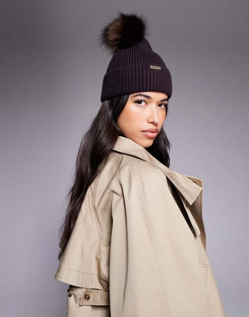 Barbour International Mallory pom-pom beanie hat in chocolate ASOS