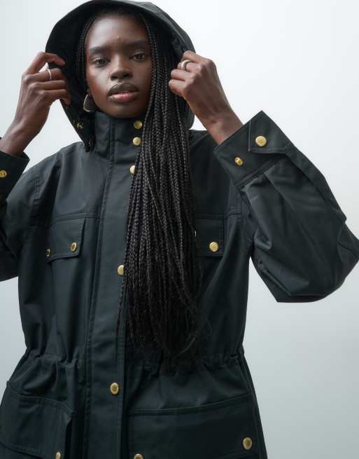 Barbour International Molina hooded showerproof long jacket in black, 2 of 4