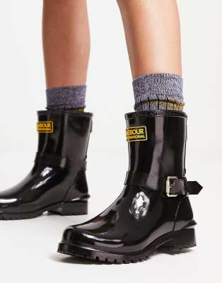 Barbour International Mugello short biker wellington boot in shiny black - ASOS Price Checker