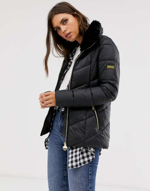 Black barbour jacket hot sale with fur collar