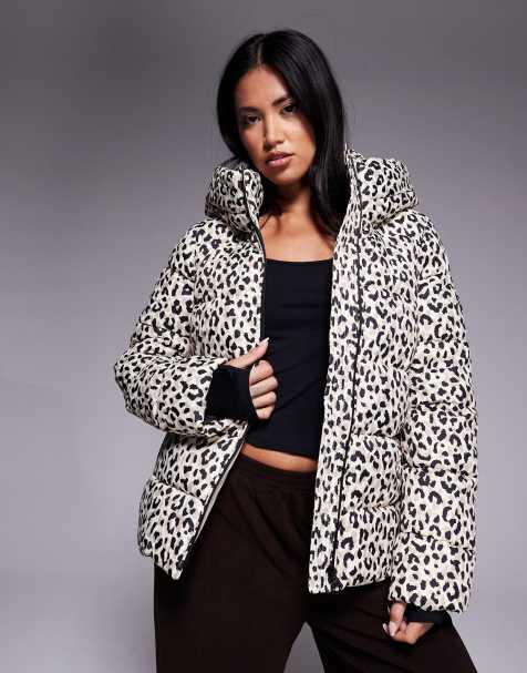 Barbour International Olivio oversized leopard print puffer jacket in beige 