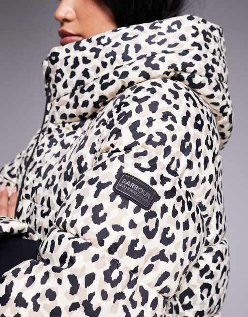 Barbour International Olivio oversized leopard print puffer jacket in beige , 3 of 4