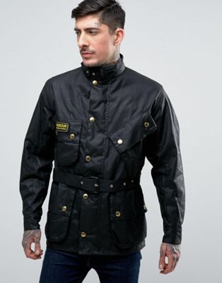 barbour international belted wax jacket
