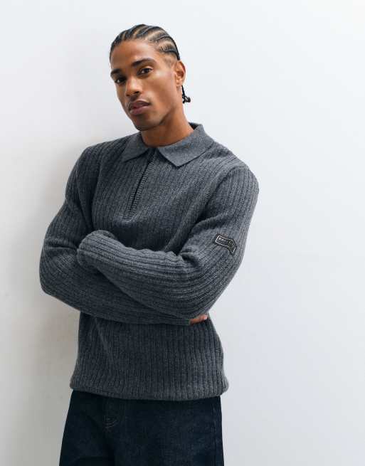 Barbour International Oxham wool blend half zip polo jumper in charcoal grey, 2 of 5