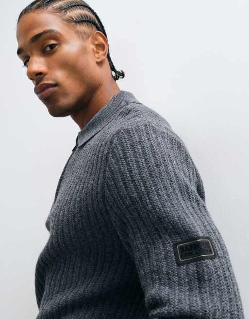 Barbour International Oxham wool blend half zip polo jumper in charcoal grey, 3 of 5