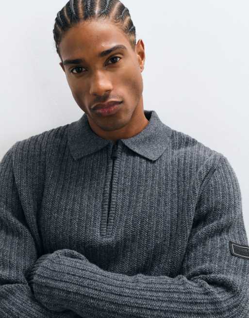 Barbour International Oxham wool blend half zip polo jumper in charcoal grey, 4 of 5