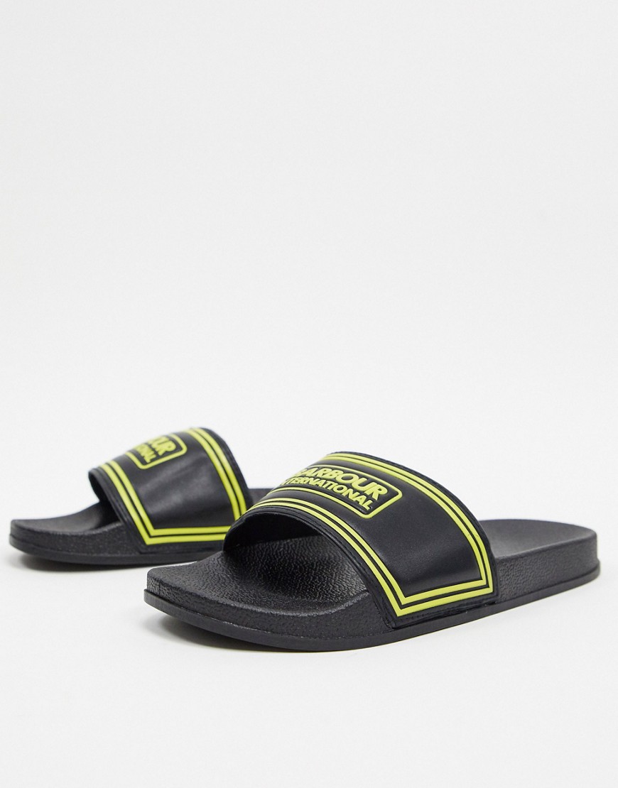 Barbour International - Pool - Slippers met logo in zwart met geel