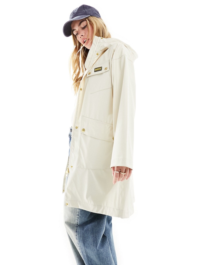 Barbour International showerproof long jacket in ivory-White