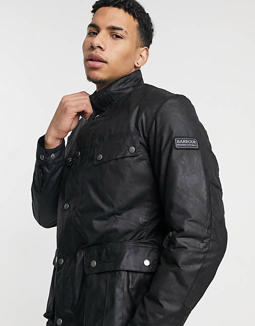 Barbour International slim fit Duke wax jacket in black
