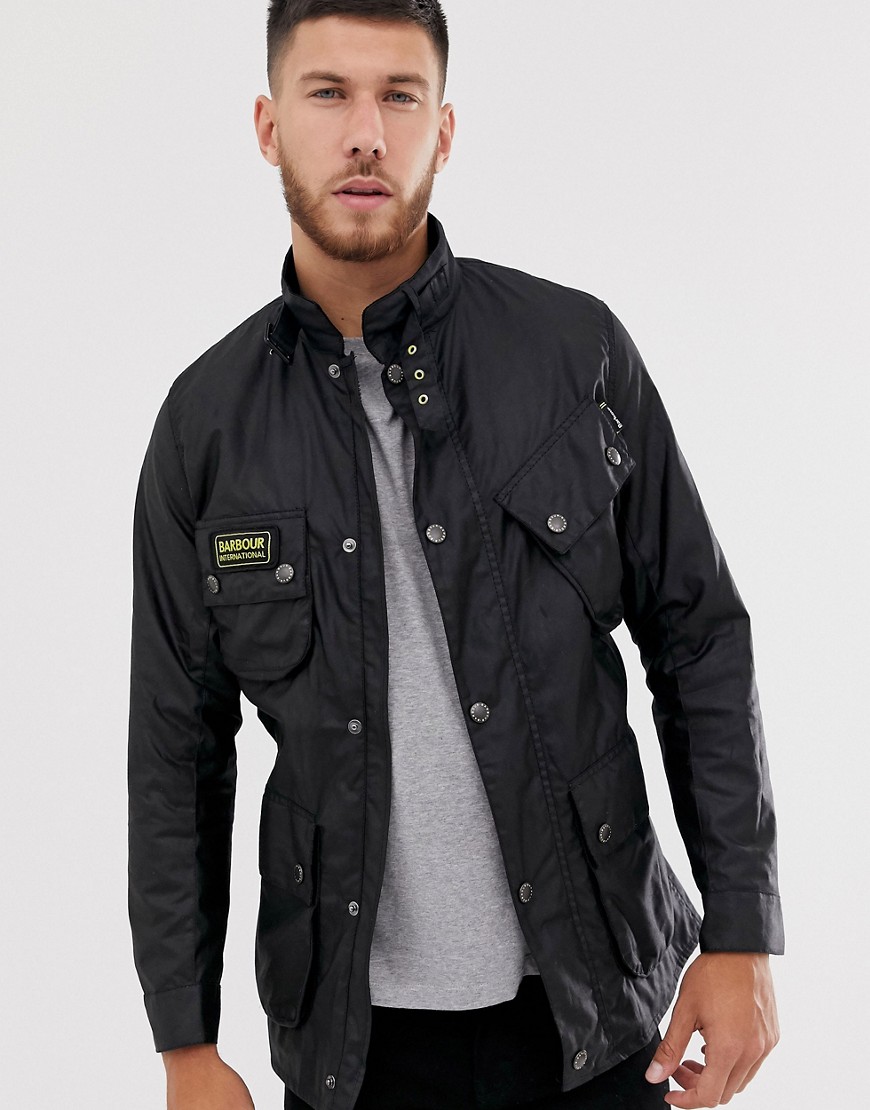 Barbour International slim wax jacket with pocket detail in black