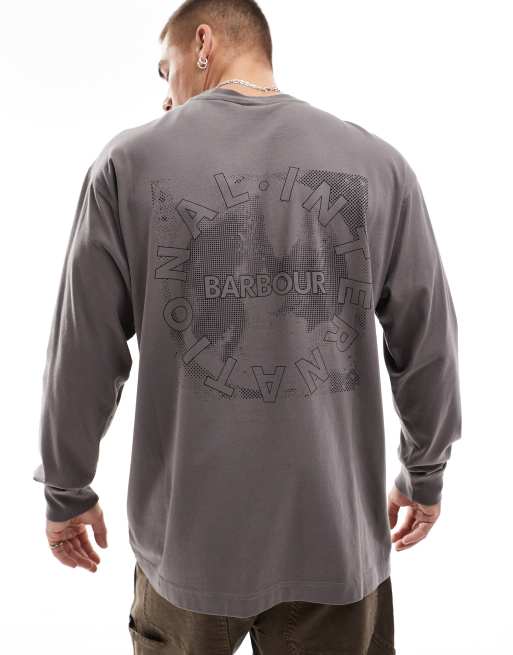 Barbour International – Śliwkowoszary T-shirt z długimi rękawami i nadrukiem z motywem mapy