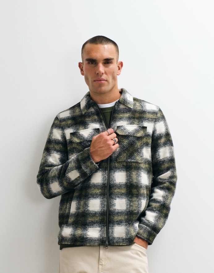 Barbour International Sobrecamisa de forro polar cepillado con cremallera y cuadros Clayton en verde/blanco