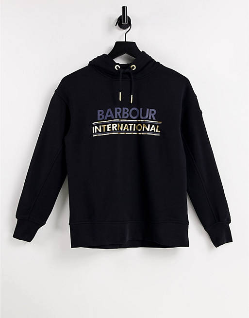 Barbour International Solitude metallic branded hoodie in black