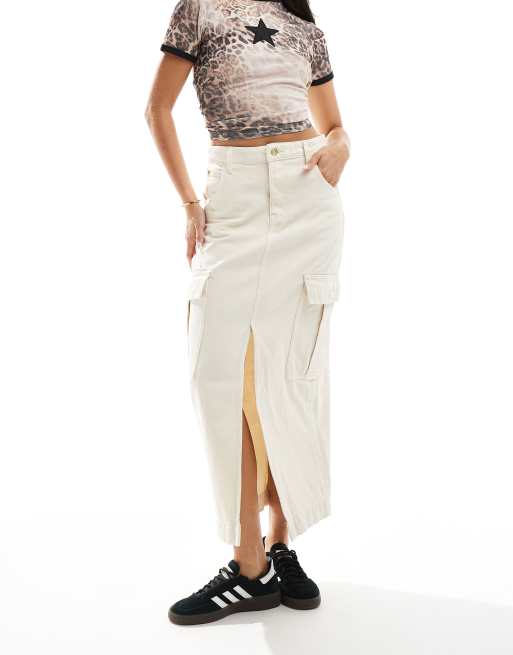 Barbour International split front denim cargo midi skirt in ecru