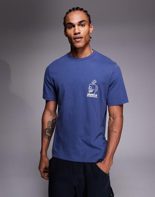 Barbour International Staithes graphic logo t-shirt with back print in blue, 3 of 5