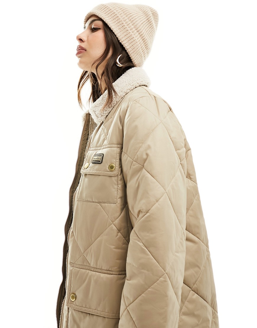 Barbour International Supanova long quilted collared jacket in beige-Neutral