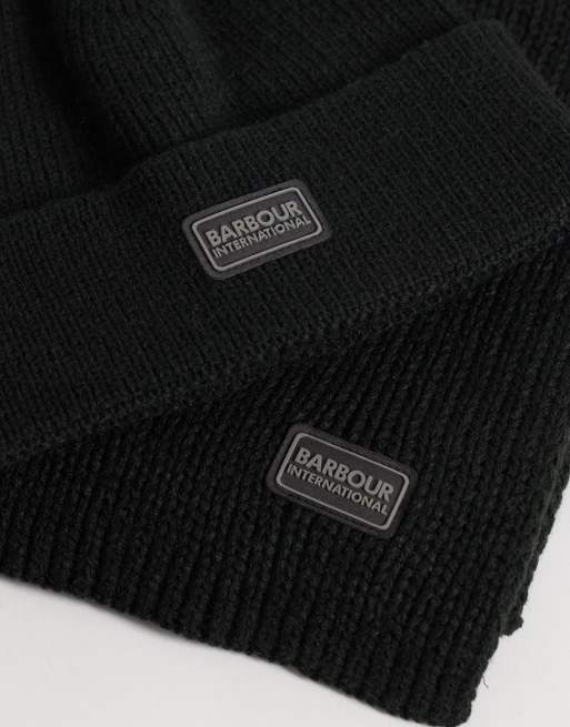 Barbour International Sweeper Legacy acrylic knitted beanie and scarf set in black, 2 of 3