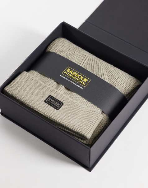 Barbour International Sweeper Legacy acrylic knitted beanie and scarf set in grey - view 1