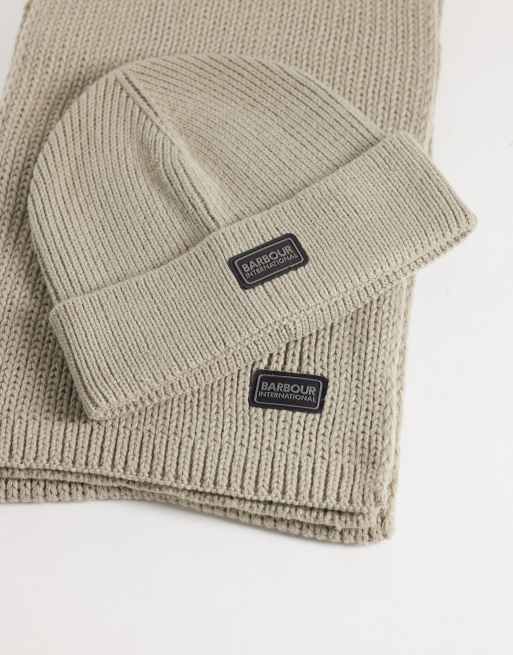 Barbour International Sweeper Legacy acrylic knitted beanie and scarf set in grey, 2 of 3