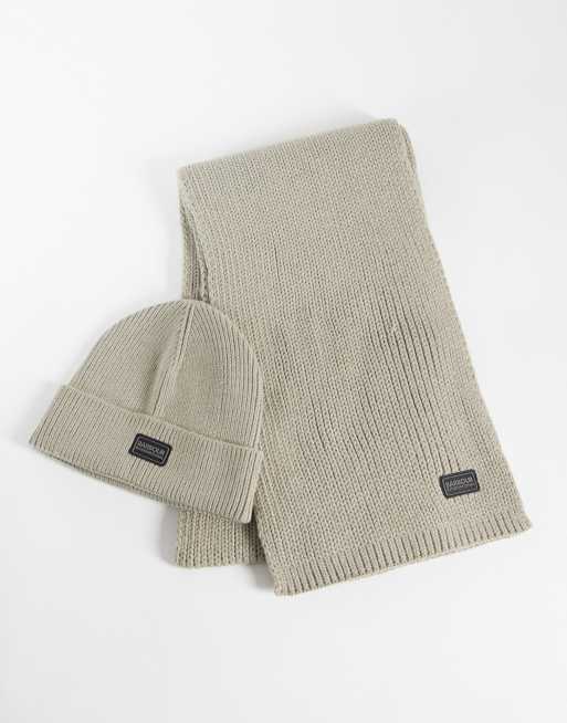 Barbour International Sweeper Legacy acrylic knitted beanie and scarf set in grey, 3 of 3