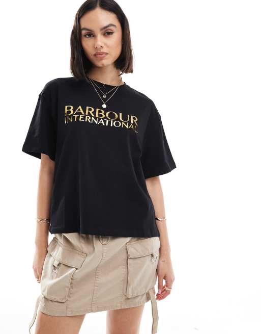 Barbour International – T-Shirt in Schwarz mit Logo und lockerem Schnitt