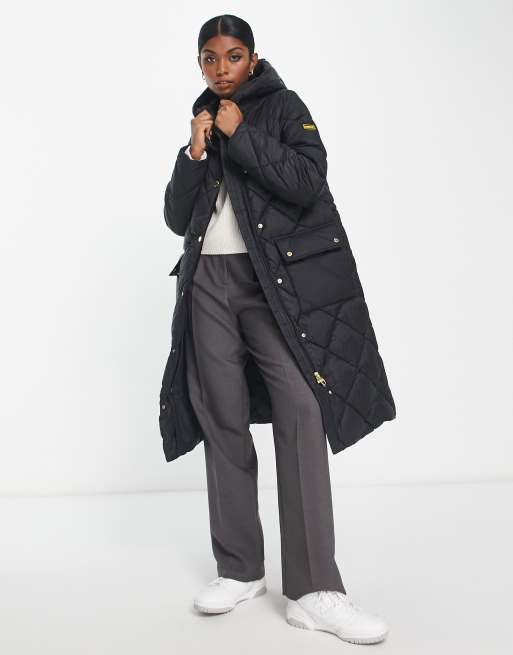 Barbour International Volante quilted longline coat with hood in black ...