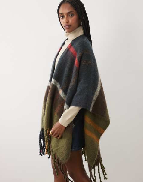 Barbour Isla Boucle knit tartan check serape poncho scarf in green - view 1