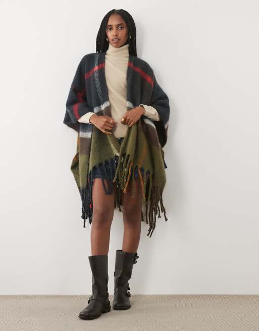 Barbour Isla Boucle knit tartan check serape poncho scarf in green, 2 of 3