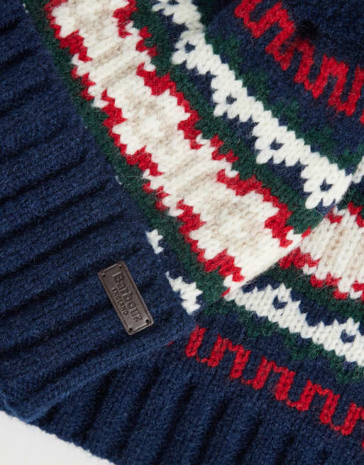 Barbour Kane fairisle knitted pom pom beanie and scarf gift set in navy, 2 of 3